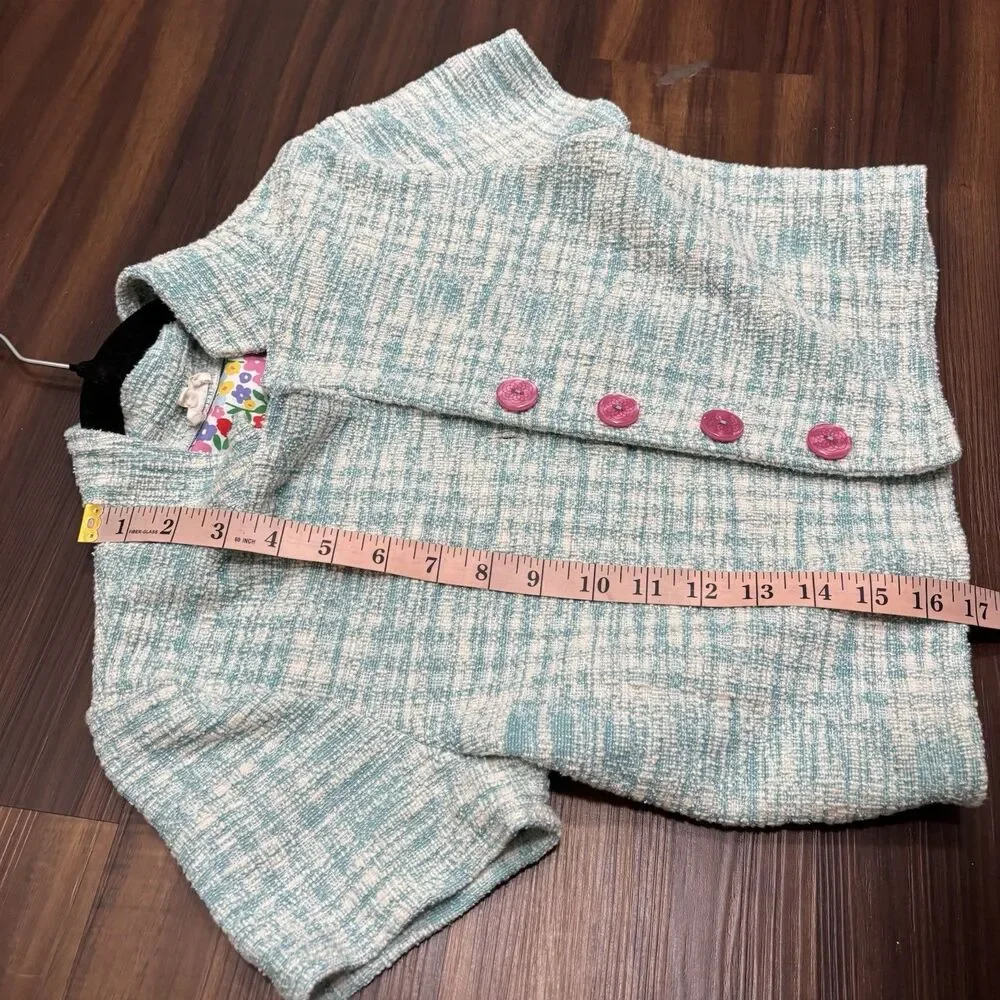 Finding Foxtale Girls Sz 12 Light Blue Twee Knit Jacket Pink Buttons Cropped